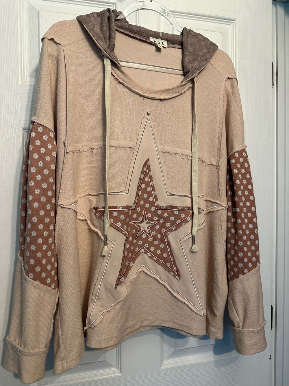 POL Beige/Mauve  Hoodie with Mauve Star Patch and Floral Sleeves